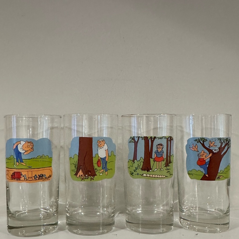 Set of 4 Vintage Ashby Cartoon Comic Golfer Gold-Rimmed Drinking Glasses Tumbler